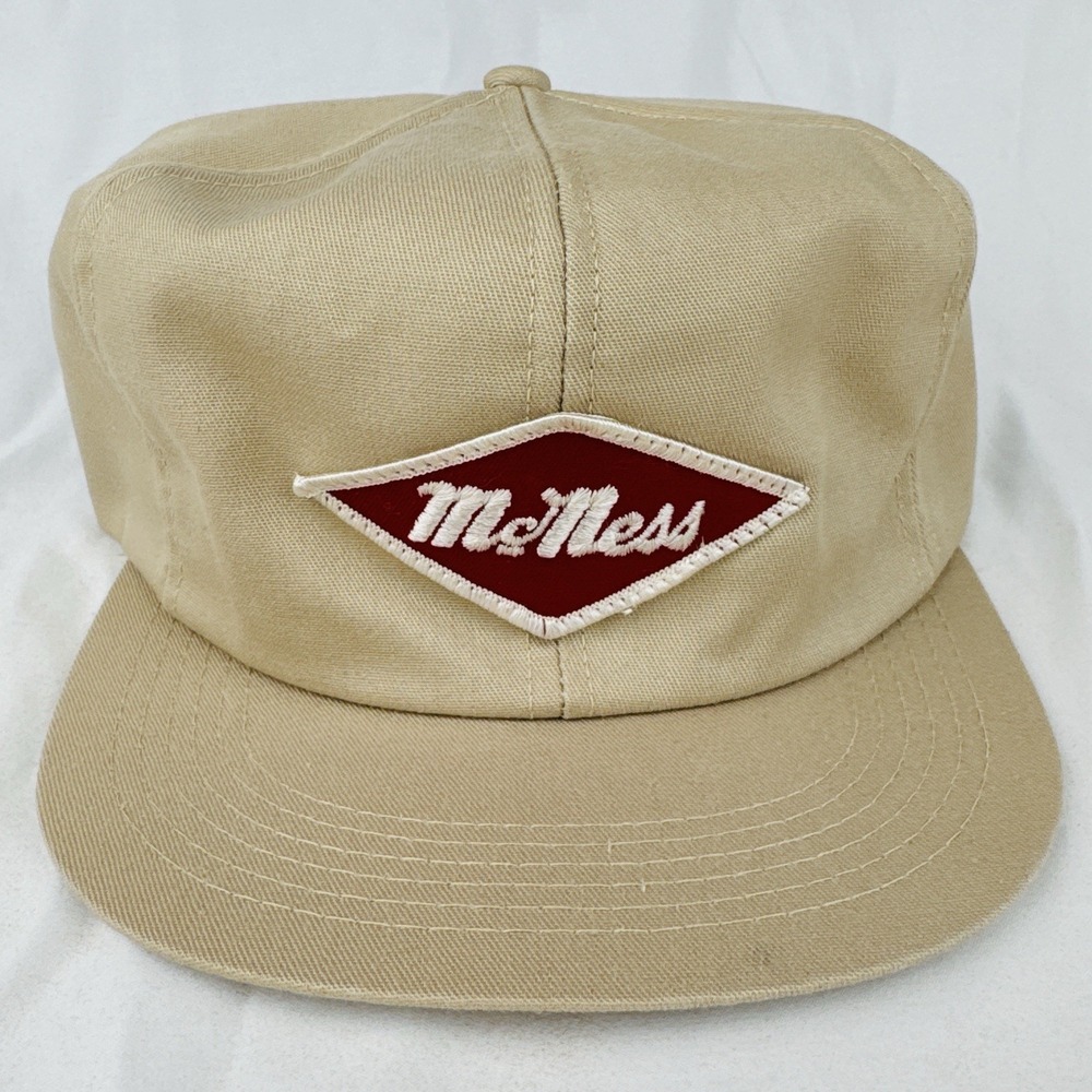 Vintage 80s McNess Feed Farm Trucker Hat K-Products USA Made Tan Feed Snapback
